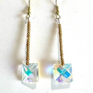 Long square crystal and gold hand beaded earrings